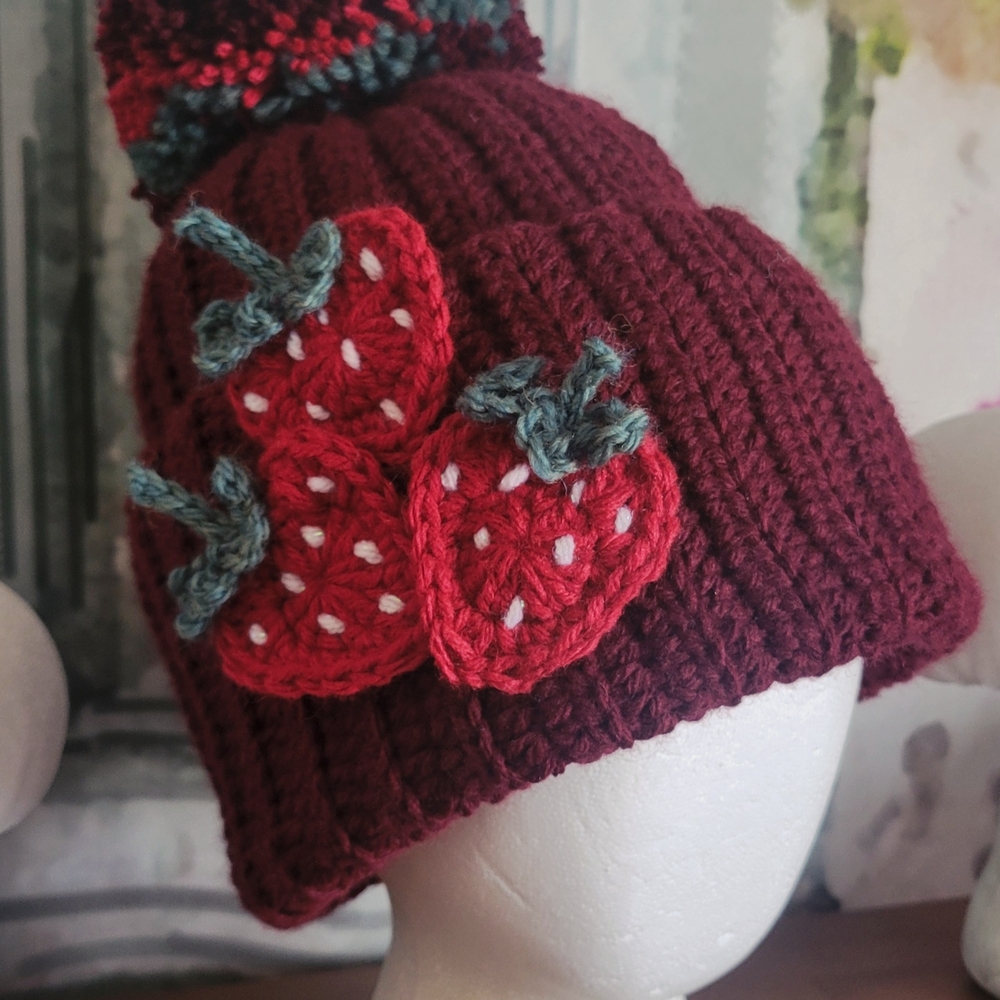 Charming Strawberry Knit Beanie - Burgundy